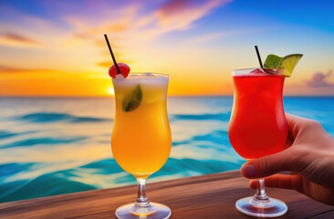 Hand holds colorful cocktail on sea background near another cocktail