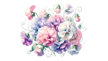 Watercolor sweet pea clipart with pastel-colored blooms and curly tendrils