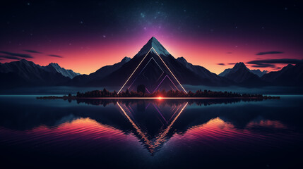 A lake scene at night, illuminated by a triangular neon light frame with a retro futurism vibe 