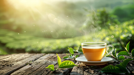 Tea cup with and fresh green tea leaves on the wooden table and the tea plantations background