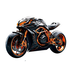 Obraz na płótnie Canvas Futuristic black with orange accents sports motorcycle on isolated transparent background, ready for object and retouch design. Generative AI 