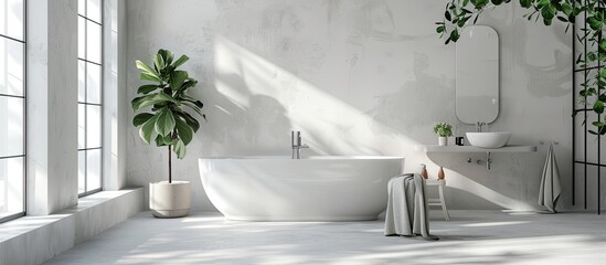 A bathroom with a tub, sink, mirror, and window is enhanced by a houseplant, adding life to the...
