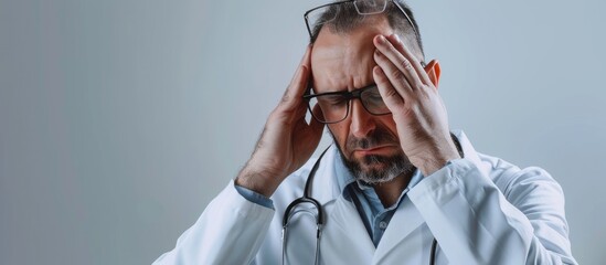 A doctor in a hat and eyewear, with a stethoscope around his neck, holds his head with a worried gesture. His thumb touches his jaw as he smiles slightly - obrazy, fototapety, plakaty
