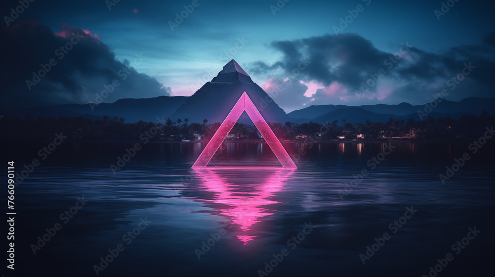 Sticker pyramid in the sea, A neon triangle bordering the calm waters of a lake, with a retro synthwave palette in the background 