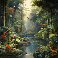 A tropical rainforest with exotic wildlife.  - obrazy, fototapety, plakaty