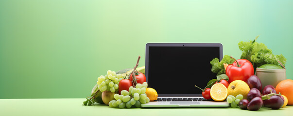 Laptop Computer on Table With Fruits and Vegetables
