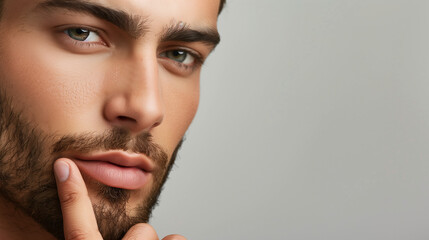 A white male with a beard is staring. close-up. men’s grooming. Mens cosmetics photo, beauty industry advertising photo.
