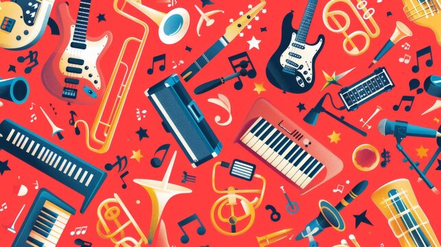 Array of Musical Instruments on a Red Background