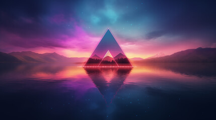 sailing boat in the sea, A neon triangle bordering the calm waters of a lake, with a retro...