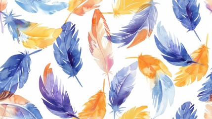 Colorful Feathers Watercolor Painting on White Background