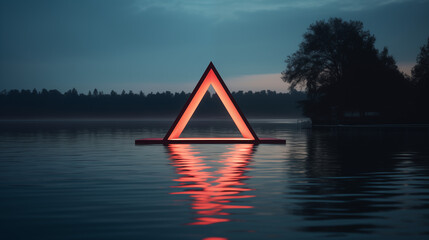 sailboat on the river, A retro-style neon triangle casting a bright reflection on the water's...