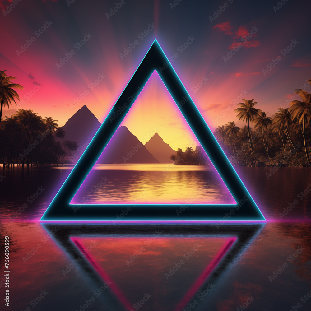 Sticker pyramid of pyramids, Retro Futuristic Triangular Neon Frame On Lake Synthwave Style Background