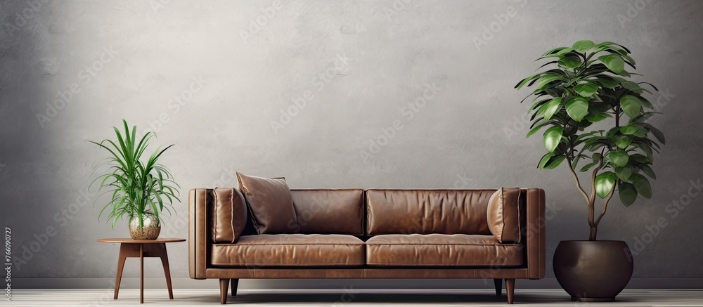 Wall mural A living room with a brown leather couch and potted plants, featuring wooden furniture and a plantfilled atmosphere