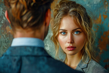 A photo of a blond hair woman who looks like she is a high achiever with a man in the background