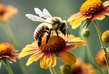  a photo bee wasp (apis mellifera) on yellow helenium flower - obrazy, fototapety, plakaty