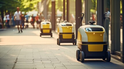 Three yellow and black robots are parked on a sidewalk