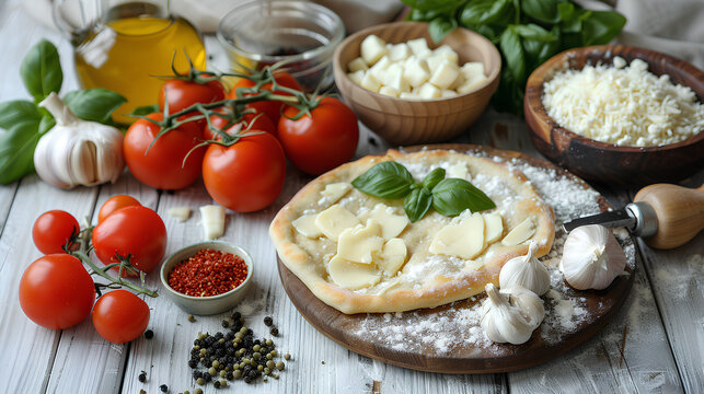 The ingredients for homemade pizza on white wooden table