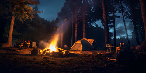 camp fire in the forest, Campfire Dreams camping , Nostalgic Campfire Glow vintage camping photo, Generative AI