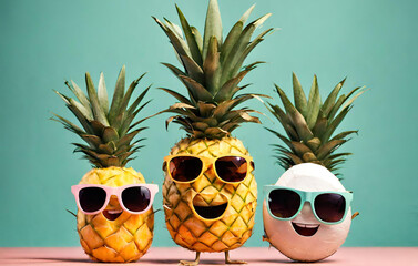 Three pineapples with glasses in the form of a family of three on vacation. concept of summer travel to tropical countries
