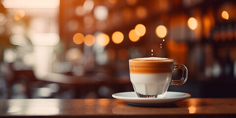cup of cappuccino, Wooden table in front of abstract blurred coffee shop lights background, Blurring or defocusing coffee shop image for background use, Generative AI - obrazy, fototapety, plakaty