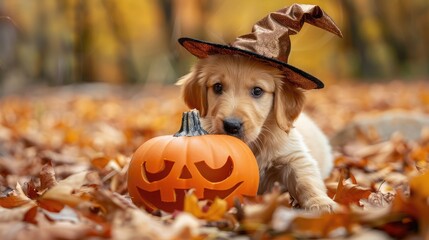 A hilarious puppy wearing a witch's hat wants to lick a pumpkin against the backdrop of autumn leaves.