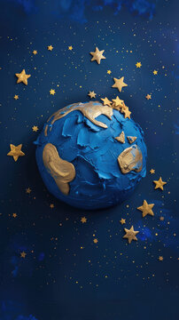 A blue and gold planet Earth sleeping with stars on its head, made of clay material in the style of cute, simple background, starry sky background, high definition photography