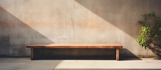 A hardwood bench with a wood stain finish is placed in front of a concrete building wall, creating a contrasting mix of textures and shades