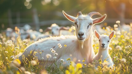 Over meadow grass, a mother goat and her young goat are playing alongside it bonding love and space, Generative AI. - obrazy, fototapety, plakaty