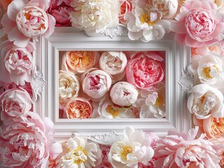 Lively and colorful floral arrangement with prominent peonies surrounding an ornate empty frame