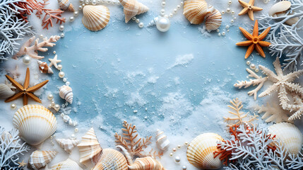 The image features a blue and white background with various starfish and pearls scattered across.