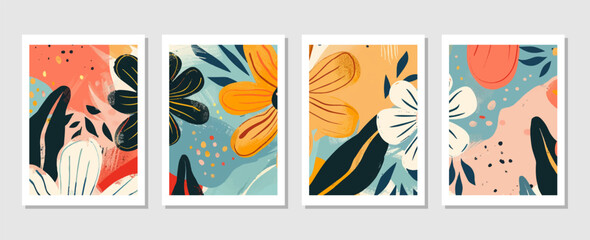 set of abstract vector backgrounds featuring tropical leaves. Hand-drawn textures suitable for wall decoration, postcard designs, or brochure covers.