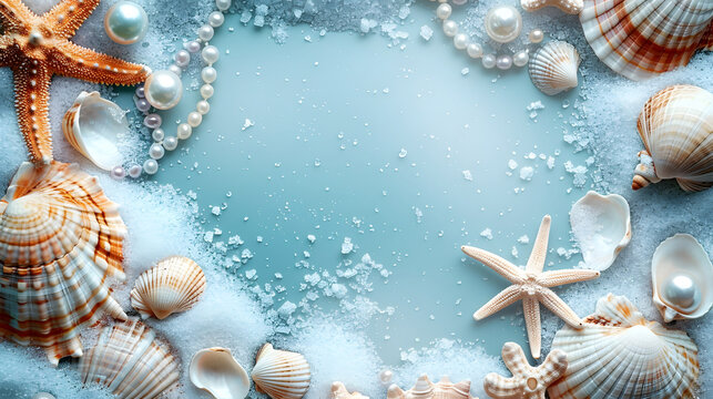 The image features a blue and white background with various starfish and pearls scattered across.