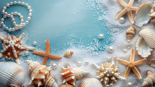The image features a blue and white background with various starfish and pearls scattered across.