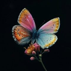 Bright pink and blue hues of a butterfly contrast with yellow wildflowers on a dark background
