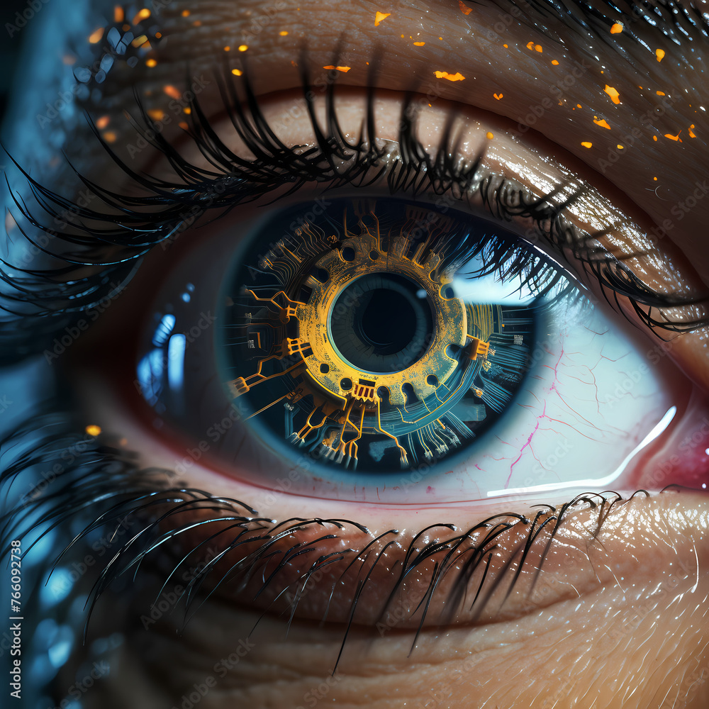 Canvas Prints Close-up of a robots eye with a reflection of the circuits