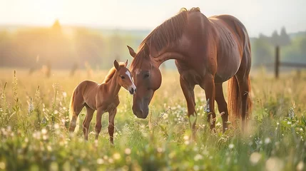 Tischdecke Over meadow grass, a mother horse and her young foal are playing alongside it bonding love and space, Generative AI. © Noobs