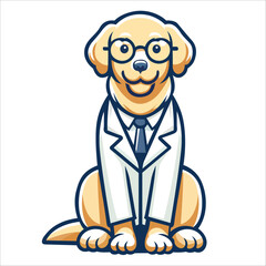 Obraz premium golden Retriever dog sitting and wearing glasses vector, dog cartoon illustration, cute dog doctor design 
