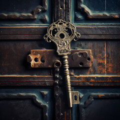 Close-up of an old-fashioned key unlocking a mysterious door