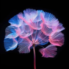 Mesmerizing image of a dandelion illuminated with a multicolor x-ray effect, showcasing glowing filaments in pink, blue, and purple