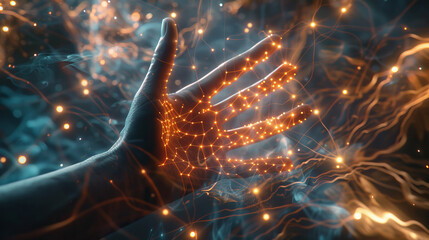 A conceptual image of a hand touching a digital screen, icons of communication apps and web interfaces floating around, symbolizing the ease of internet connectivity.	