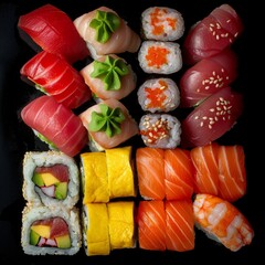 A colorful variety of sushi and sashimi pieces neatly arranged on a black background, showcasing a traditional Japanese cuisine