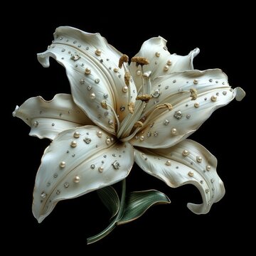 A white lily artfully embellished with pearls and precious stones, exuding luxury and a sense of opulence in a dark setting