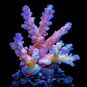 A radiant display of neon colored coral life blooms in the darkness, symbolizing life's persistence in the deep sea's obscurity