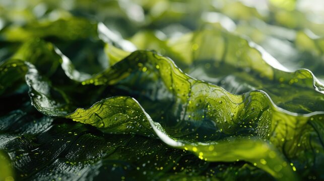 A macro view of dark green seaweed, shimmering with water droplets, highlighting the intricate details and vibrancy of sea greens.