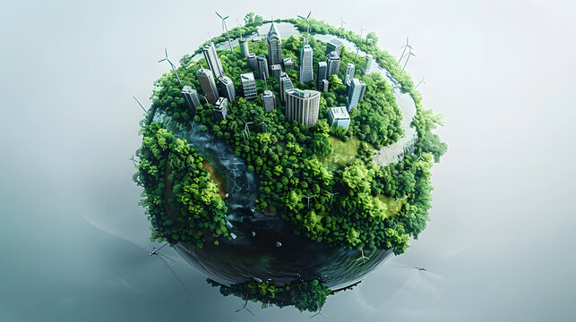 A globe with a forest in the middle and a city emerging from the green. Wind turbines are blowing around the globe.