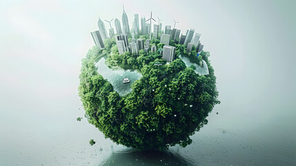 A globe with a forest in the middle and a city emerging from the green. Wind turbines are blowing around the globe. - obrazy, fototapety, plakaty