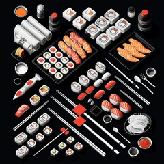 Top-down view showcasing an elaborate spread of various sushi pieces with condiments and utensils