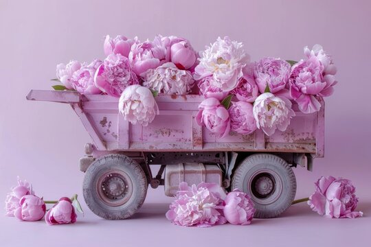 The scene depicts a vintage pink toy dump truck nostalgically spilling an abundance of fresh peonies, symbolizing abundance and bliss