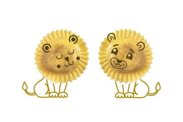 Illustration of two ravioli with a line drawing to create two lion cubs
