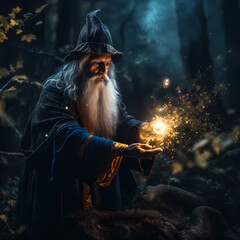 Mystical wizard casting a spell in a moonlit forest